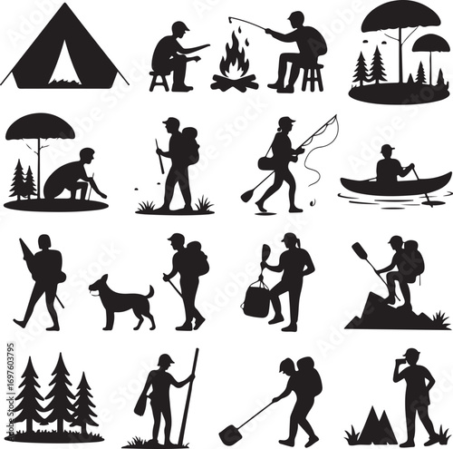 Camping and Outdoor Activities Silhouette Collection Keywords: camping, tent, campfire, fishing