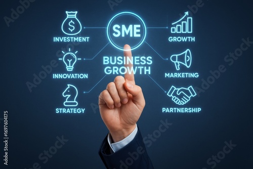 Businessperson Points to Sme Business Growth on Holographic Display