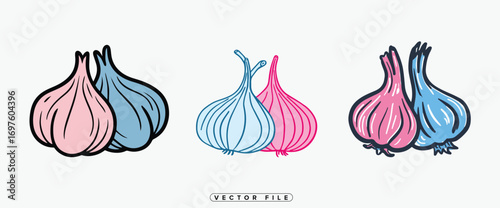 colorful garlic bulbs in pastel shades arranged neatly