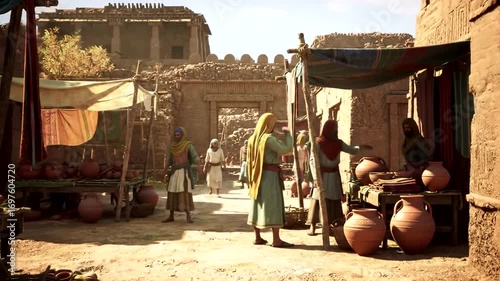 Bustling marketplace scene in an ancient middle eastern city, filled with people and commerce
