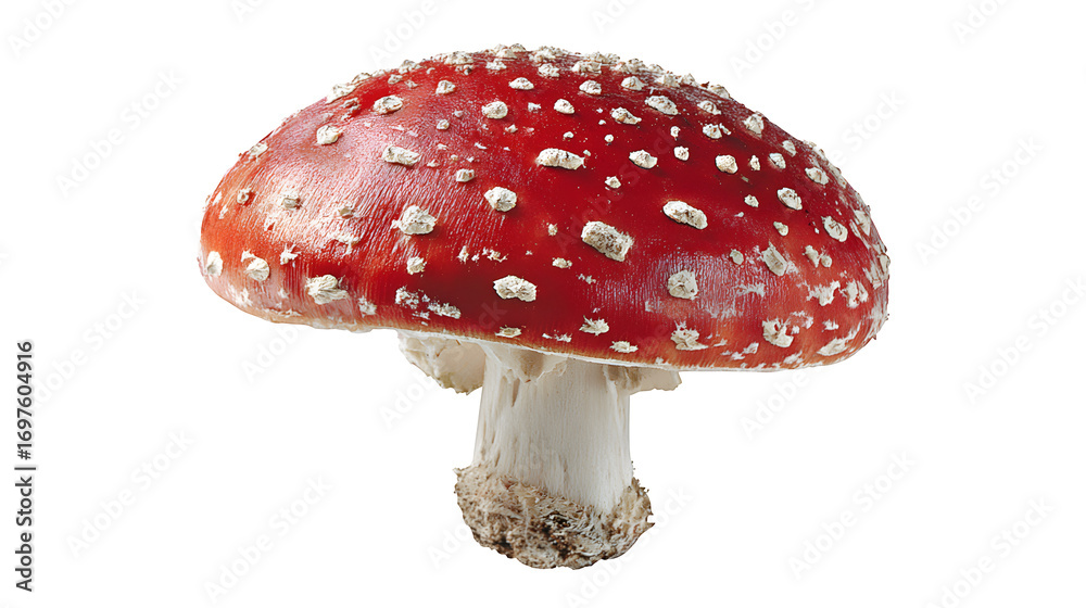 Obraz premium Single, wild mushroom, red cap with white spots, isolated on Transparent background,