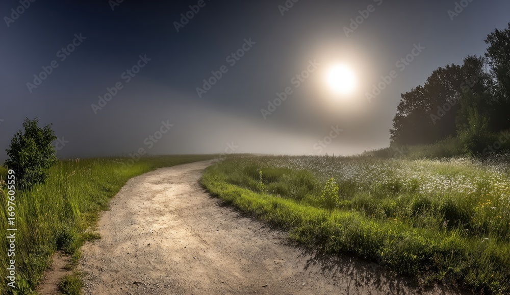 Naklejka premium Misty morning path through a field