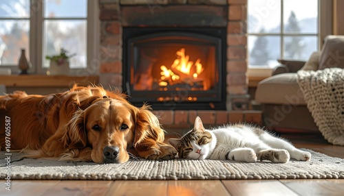 Cozy pets by fireplace