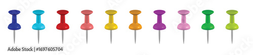 Realistic colorful push pins set, isolated on white, vector office stationery supplies, decorative plastic thumbtacks, assorted colors collection, abstract isolated element illustration
