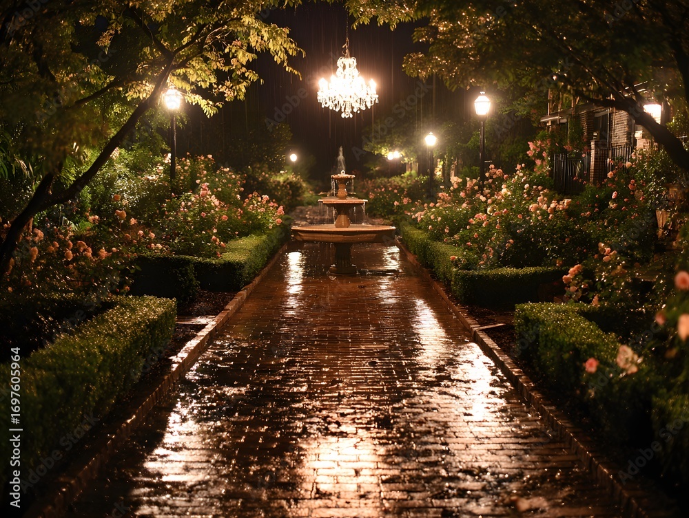 Obraz premium Wet Brick Path with Fountain and Crystal Chandelier at Night