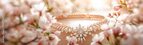 Elegant Pearl Necklace with Golden Beads on Soft Background Glow