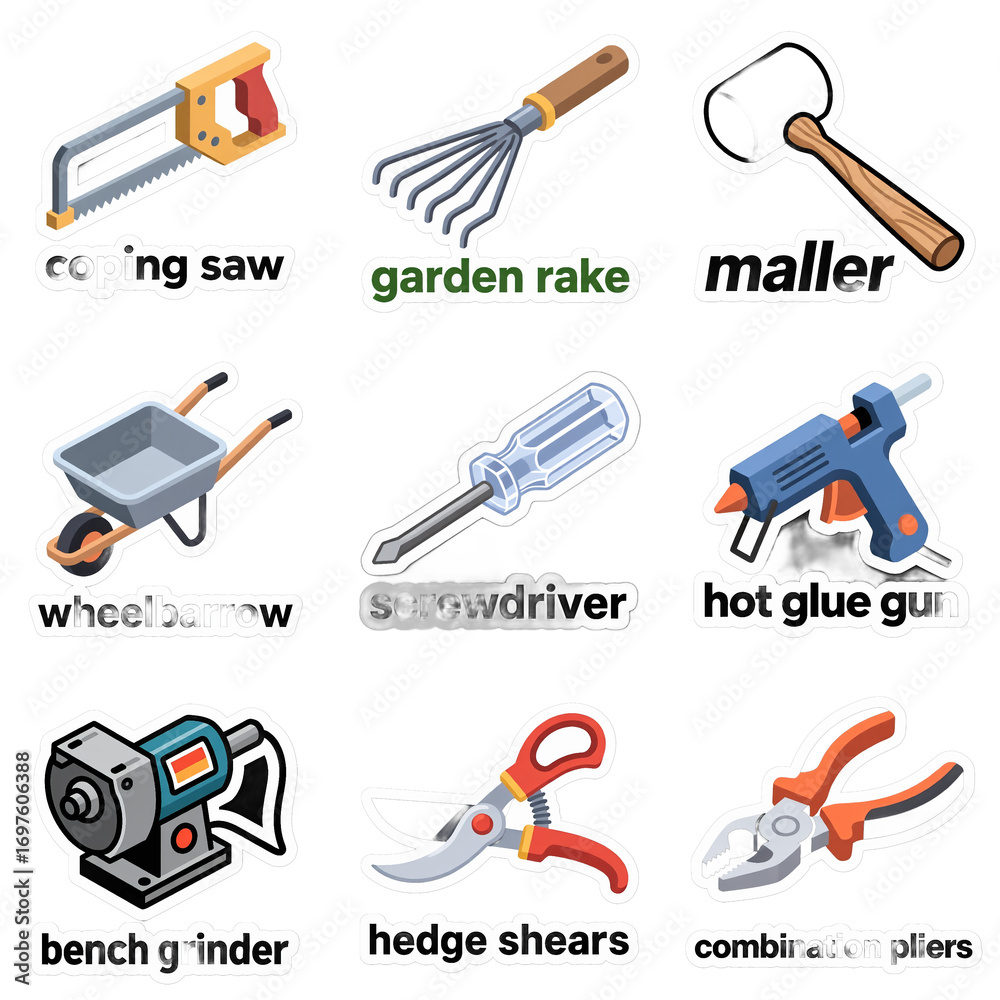 Naklejka premium A collection of simple, transparent tool icons. Various common implements like saws, rakes, and pliers are displayed.