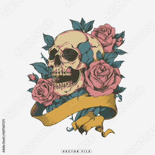 a skull adorned with roses and flowing ribbon art