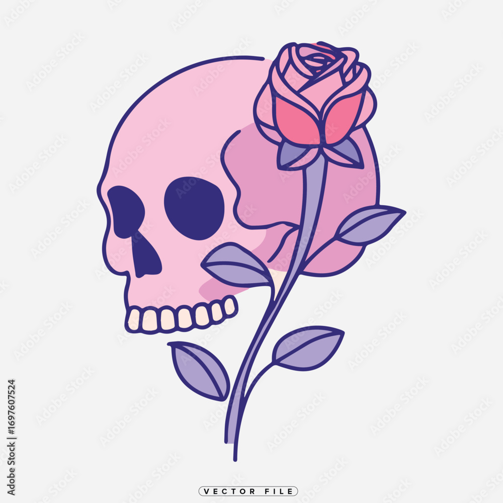 Fototapeta premium a delicate pink rose intertwined with a skull illustration