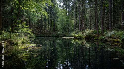 Hidden lake deep forest still water reflection peaceful nature landscape