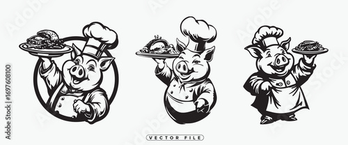 three cartoon pigs dressed chefs holding plates