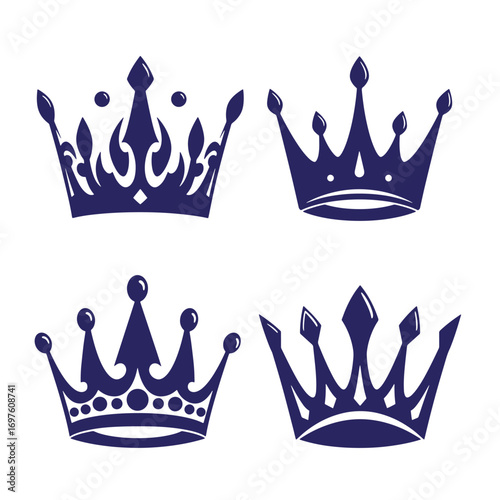 Four decorative royal crowns with detailed designs in navy blue color on white background