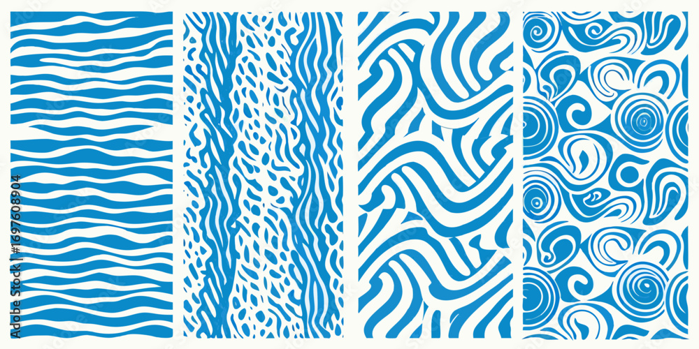 Four different abstract blue and white organic stripe and swirl patterns arranged vertically