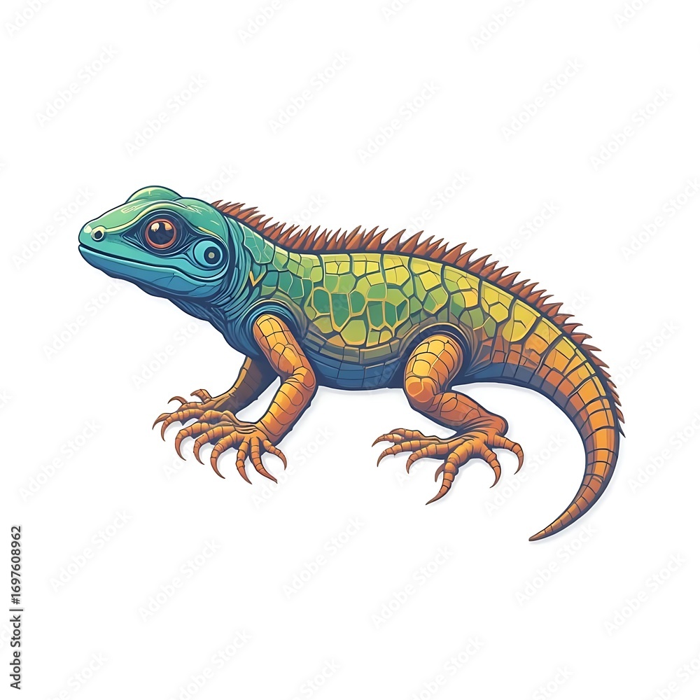 Fototapeta premium Stylized colorful lizard with intricate details. A vibrant reptile illustration featuring blue, green, and orange scales, isolated for design use