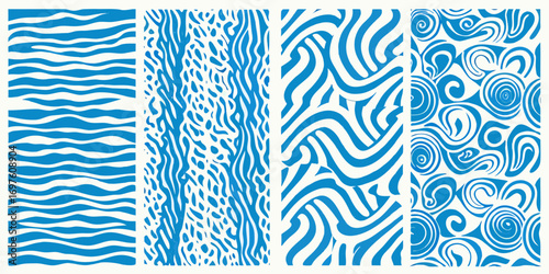 Four different abstract blue and white organic stripe and swirl patterns arranged vertically