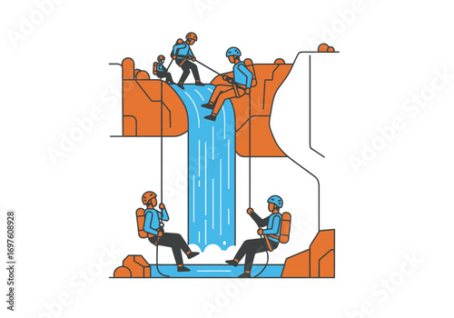 People rappelling down a cliffside waterfall as an extreme sport. Suitable for adventure and outdoor activity concepts.