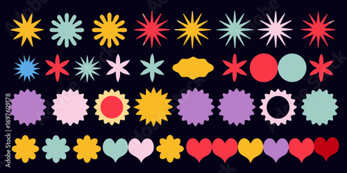 Collection of colorful abstract shapes and starbursts on a dark background