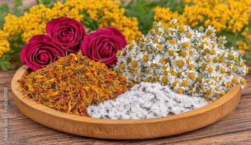 Dried herbs and flowers in a wooden bowl