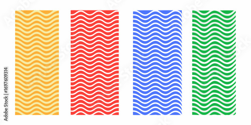 Four vertical wavy stripes in yellow red blue and green with white lines creating a rhythmic pattern