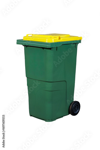 Green Outdoor Recycling Bin with Yellow Lid