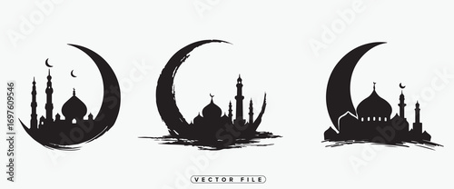 mosque silhouettes within crescent shapes artistic design