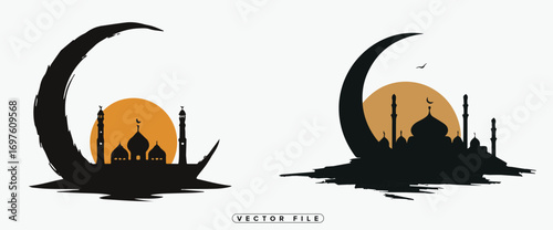 sunset silhouette over mosque with crescent moon and minarets