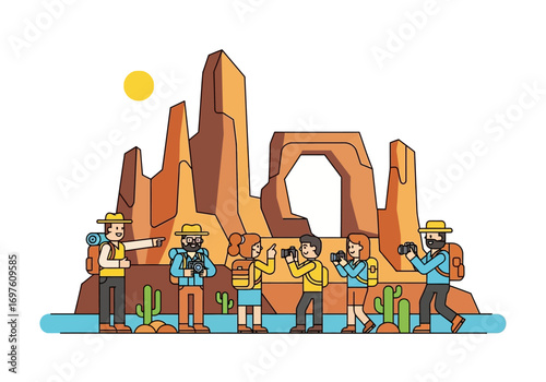 Tourists capturing desert rock formations in bright sunlight suitable for travel brochures, websites, and social media posts promoting outdoor adventures.