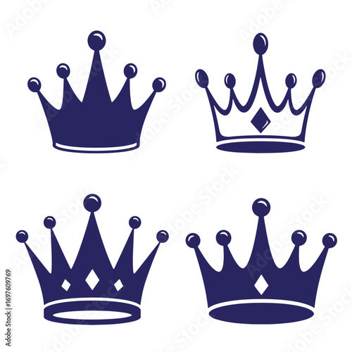 Set of four stylized dark blue crown vector illustrations on a clean white background