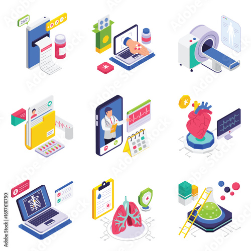 Medical Care isometric vector illustration set 1