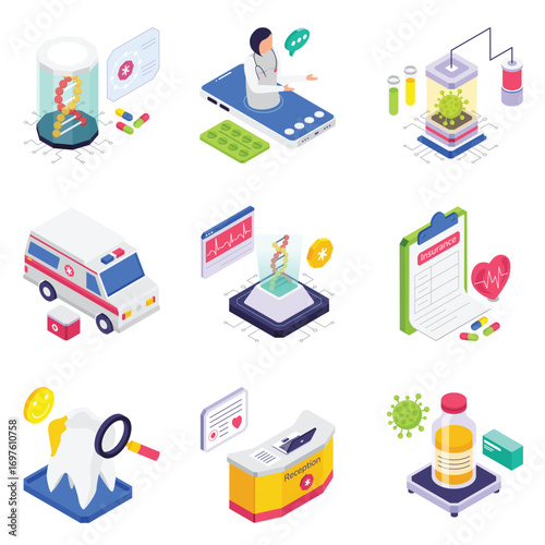 Medical Care isometric vector illustration set 3