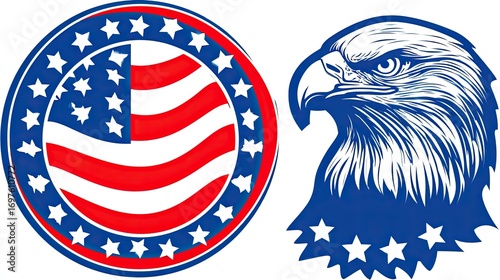 Circular American flag design with eagle head, patriotic design