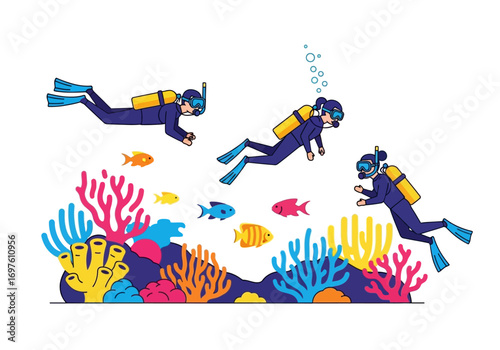 Three divers exploring vibrant coral reef with abundant marine life ideal for travel brochures, underwater adventure websites, and marine conservation presentations.
