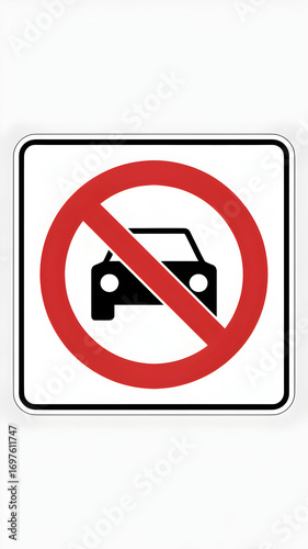 A traffic sign with a car symbol crossed out by a red circle, indicating 
