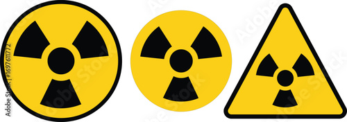 Radiation warning sign icons. Set of radiation hazard signs. Three radiation hazard symbols showing different styles. Vector illustration
