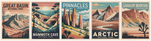 Retro USA National Parks travel posters set: Mammoth Cave, Great Basin, Pinnacles, Gates of the Arctic, Guadalupe Mountains. Vintage vector art illustrations, printable wall decor for adventure lovers