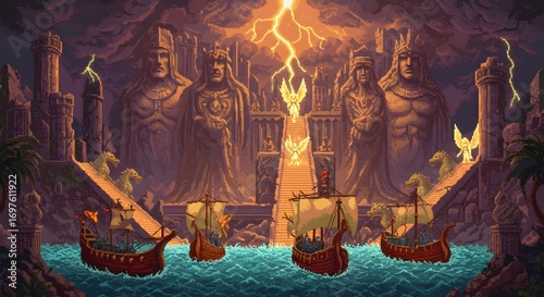 Epic Pixel Art Fantasy Scene of Medieval Fortress with Gods and Mythical Elements