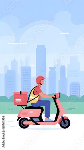 Delivery person is riding a scooter in a stock illustration.