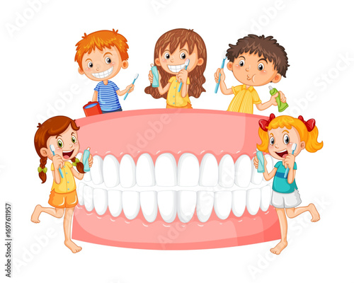 Happy cartoon children brushing a giant set of healthy white teeth together, a cute vector illustration for pediatric dental care and oral hygiene education
