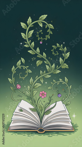 A blooming vine growing out of an open book on a colorful background.