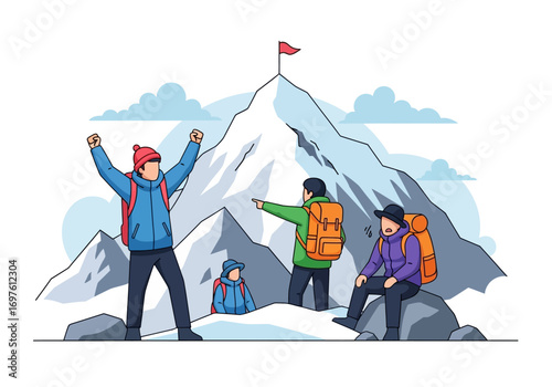 Mountaineers celebrate reaching the summit, marking success with a red flag. Suitable for outdoor, adventure, achievement themes in design.