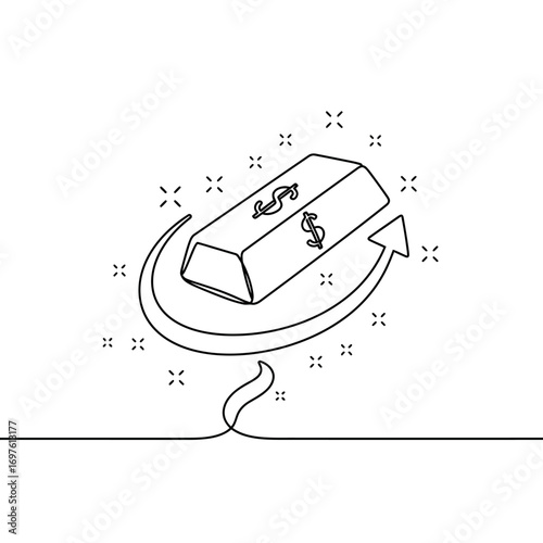 A clean continuous line drawing shows a gold bar with dollar signs, encircled by an arrow, symbolizing financial exchange, investment, and wealth flow.