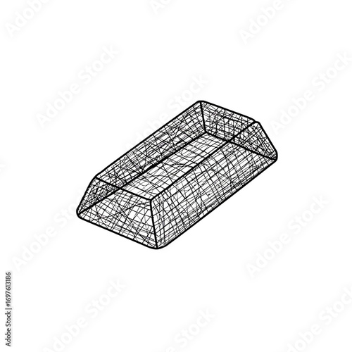 An abstract, hand-drawn wireframe representation of a geometric solid, featuring a unique scribbled line art style for a modern digital design aesthetic.