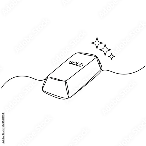 A sleek, continuous line art illustration depicts a shining gold bar, symbolizing wealth, investment, and financial prosperity in a minimalist style.