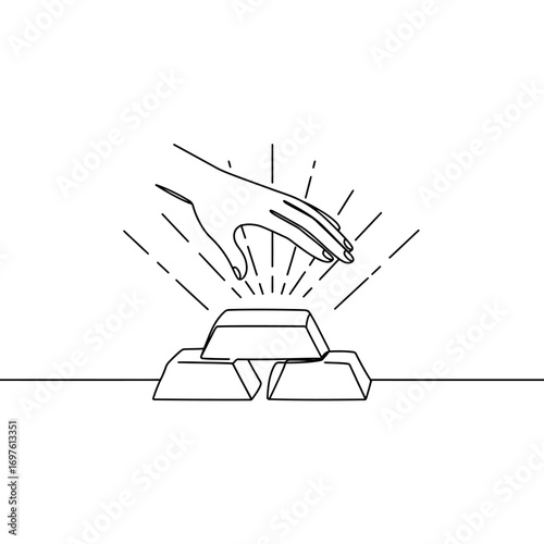 An elegant line art illustration depicts a hand reaching for a gleaming stack of gold bars, symbolizing wealth, success, and financial aspiration.