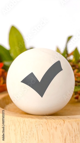 A round, white object with a dark gray checkmark.  Surrounded by foliage