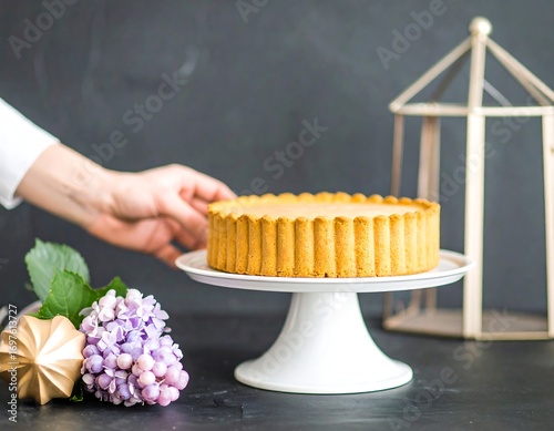 A round tart on a white stand