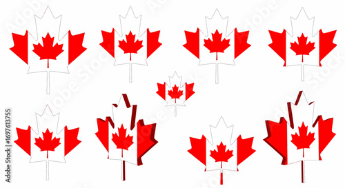 Multiple stylized Canadian flags featuring the iconic maple leaf emblem, arranged in a visually appealing pattern.