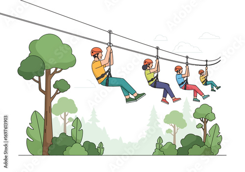 Thrilling family ziplining adventure in lush forest setting. Perfect for outdoor adventure brochures, family vacation promotions, or travel blogs.