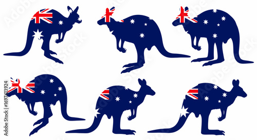 Six stylized kangaroos, each filled with the Australian flag pattern and stars, are depicted in silhouette against a white background.