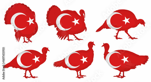 Six turkeys layered with Turkish flags.